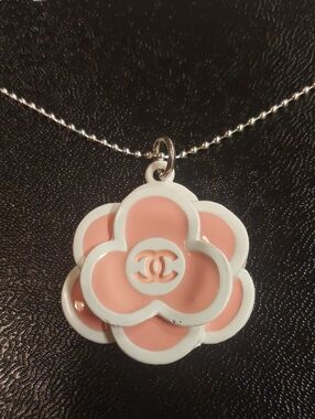 CC Pink & White Camellia Pendant Necklace on Sterling Silver Chain